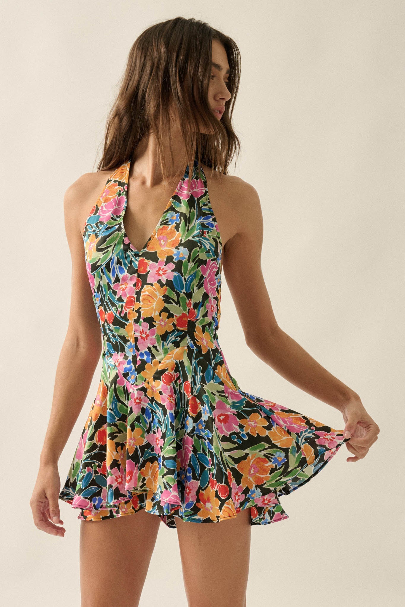 Vibrant Blooms Floral Satin V-Neck Halter Romper