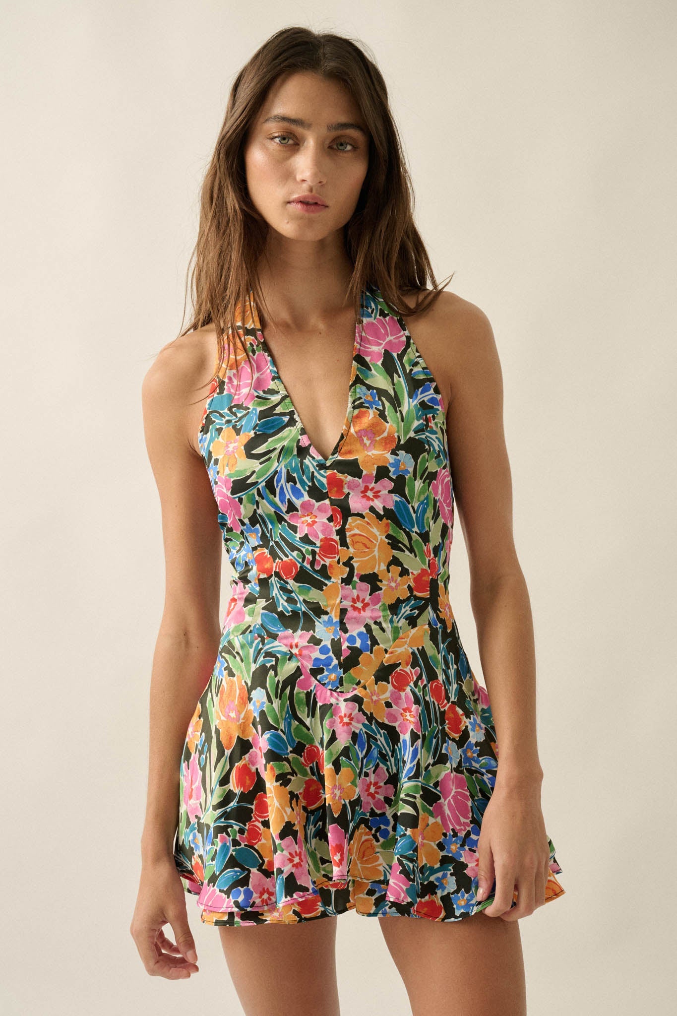 Vibrant Blooms Floral Satin V-Neck Halter Romper