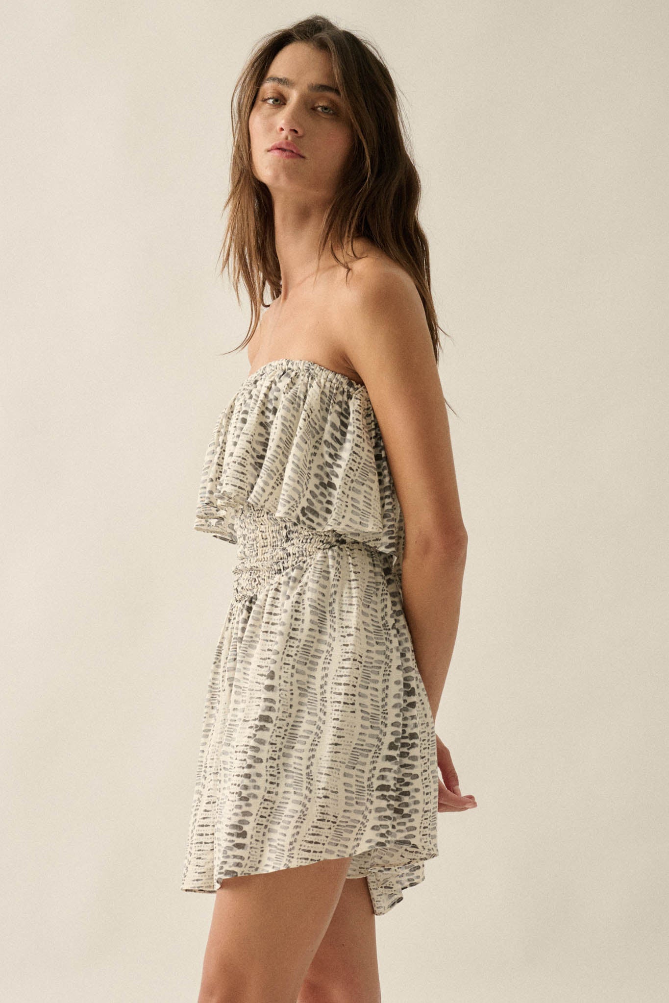 Wander Wild Abstract-Print Strapless Flounce Romper