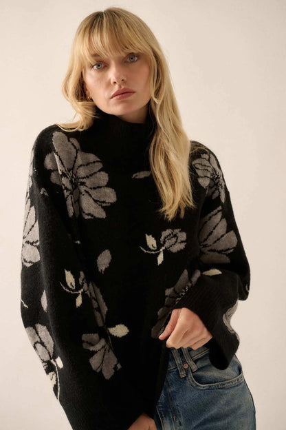 Winter Bouquet Mock-Neck Floral Jacquard Sweater