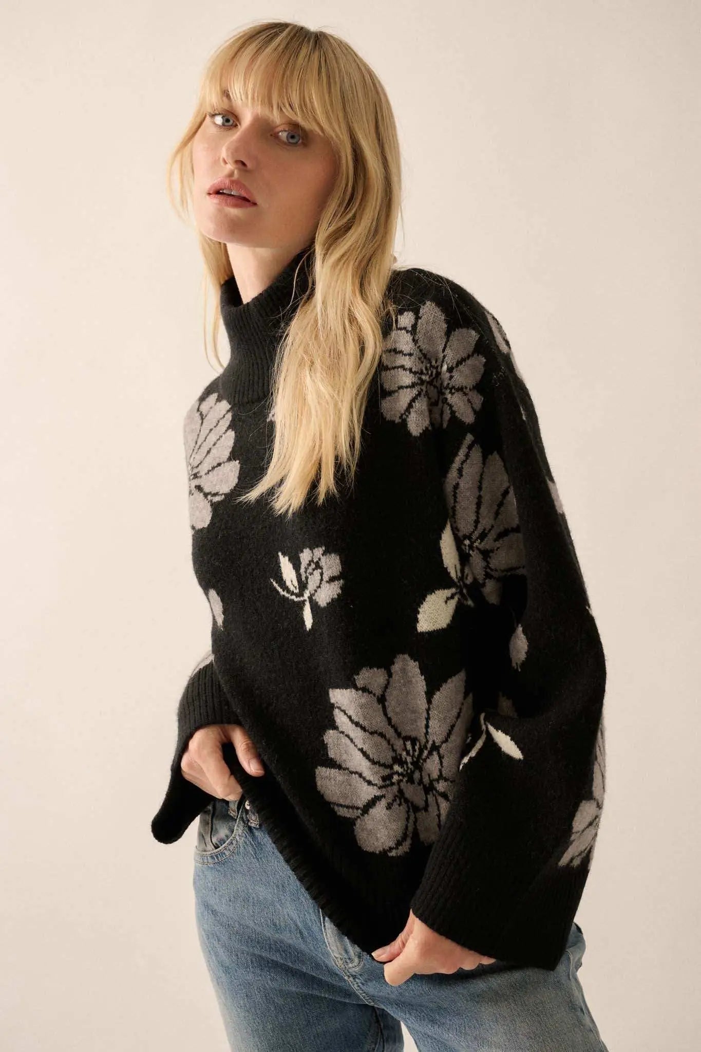 Winter Bouquet Mock-Neck Floral Jacquard Sweater