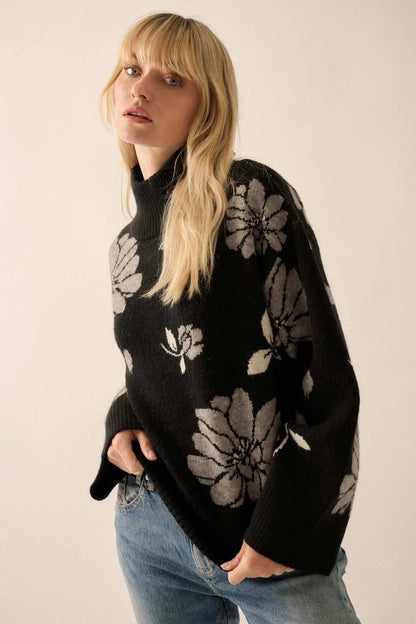 Winter Bouquet Mock-Neck Floral Jacquard Sweater