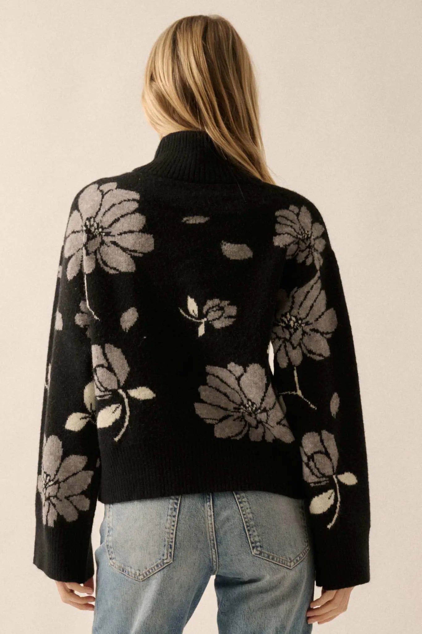 Winter Bouquet Mock-Neck Floral Jacquard Sweater