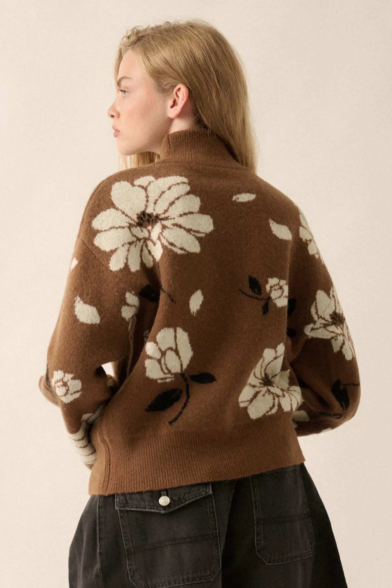 Winter Bouquet Mock-Neck Floral Jacquard Sweater