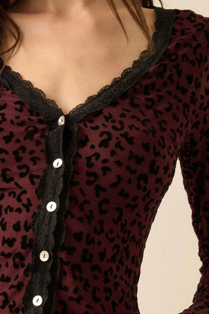 Wild Child Leopard Mesh Button-Front V-Neck Top