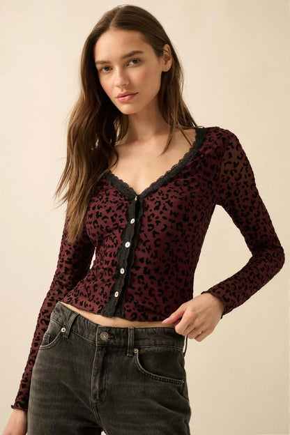Wild Child Leopard Mesh Button-Front V-Neck Top