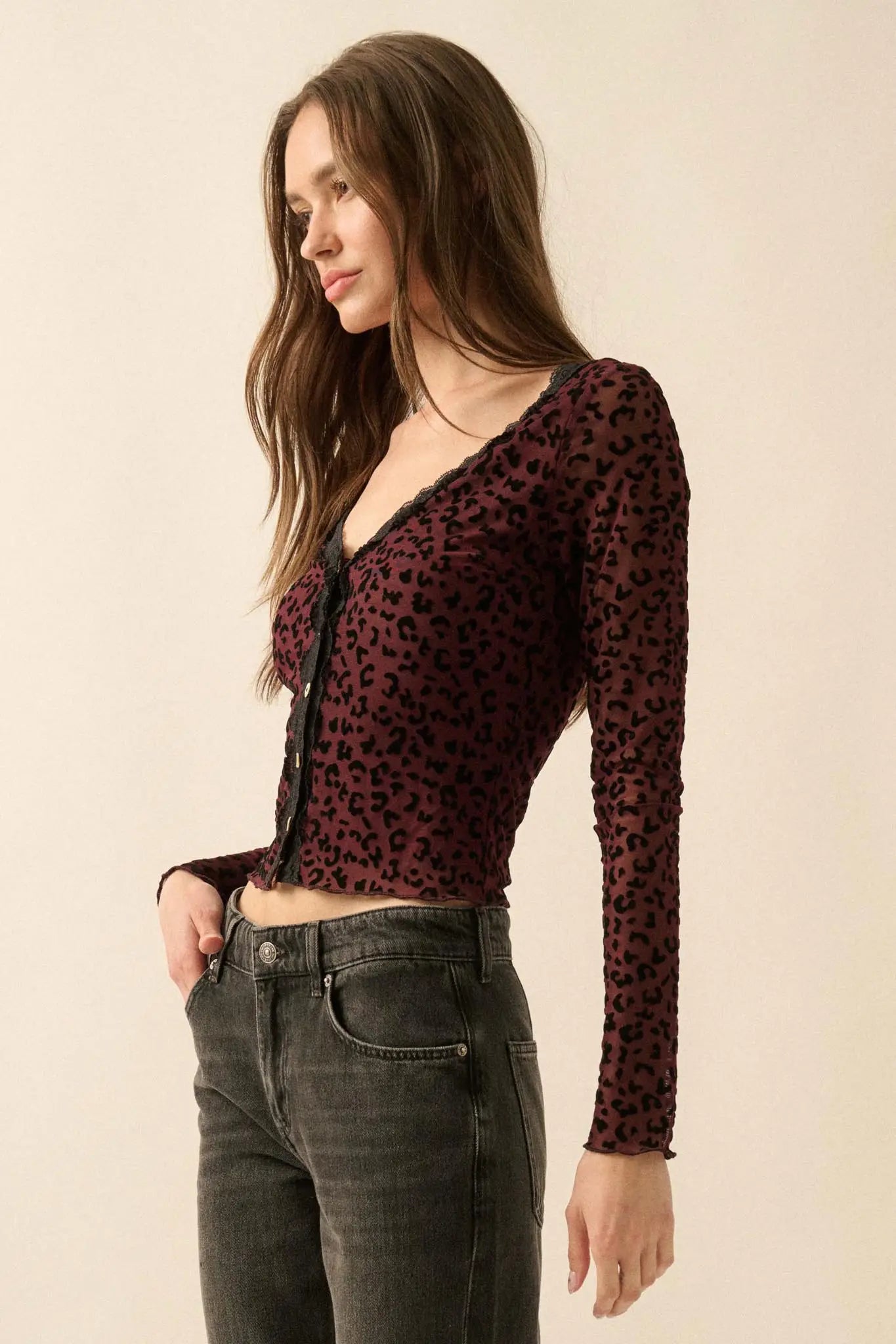 Wild Child Leopard Mesh Button-Front V-Neck Top