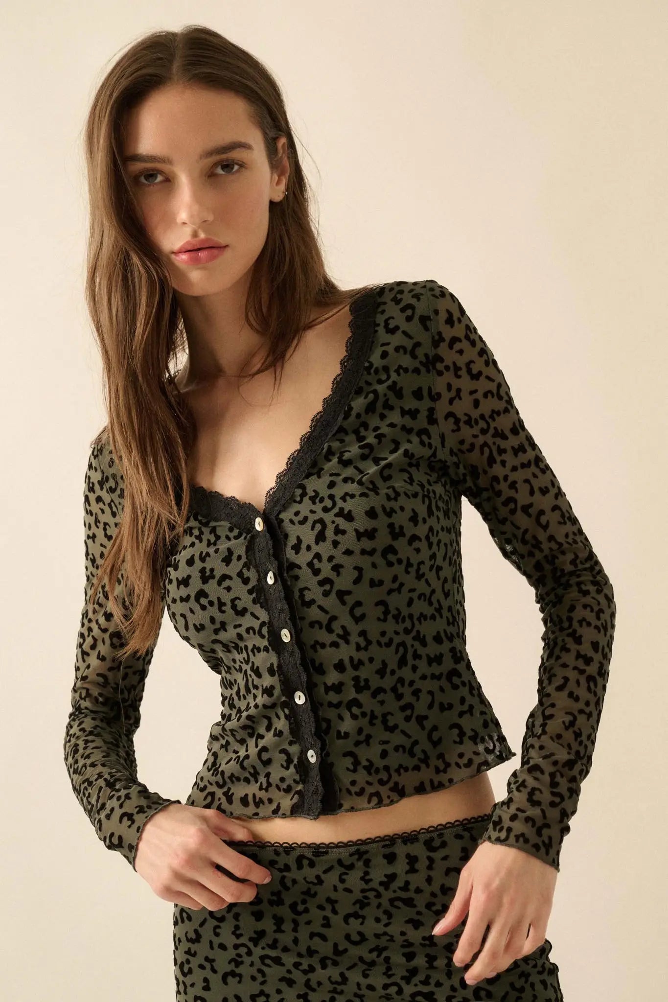 Wild Child Leopard Mesh Button-Front V-Neck Top