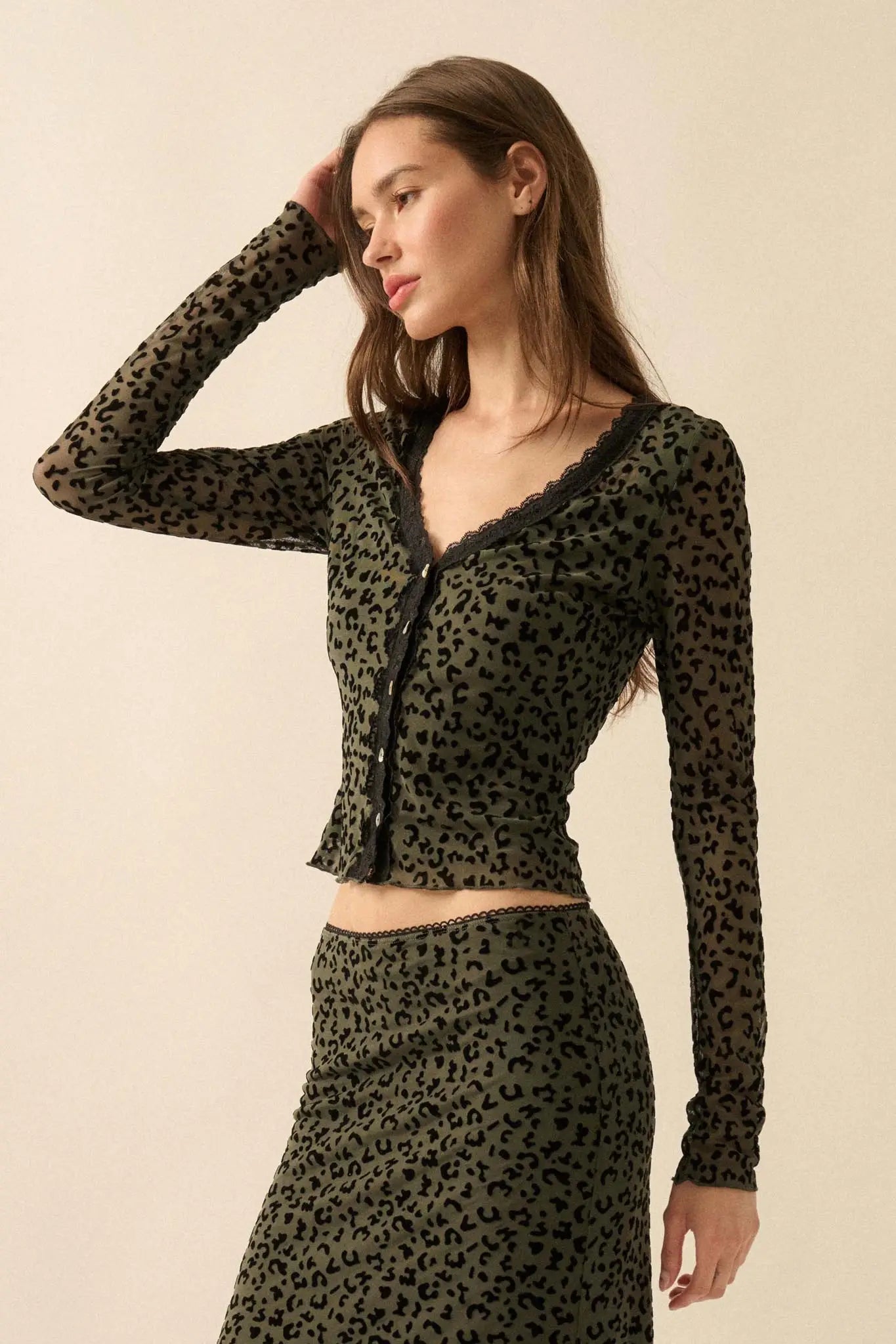 Wild Child Leopard Mesh Button-Front V-Neck Top