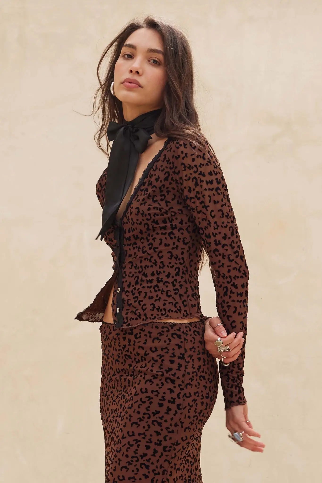 Wild Child Leopard Mesh Button-Front V-Neck Top