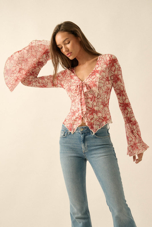 Wild Lilies Floral Mesh Tie-Front Bell-Sleeve Top