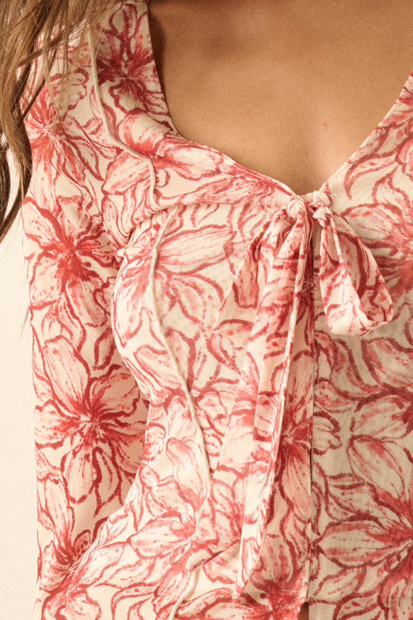 Wild Lilies Floral Mesh Tie-Front Bell-Sleeve Top