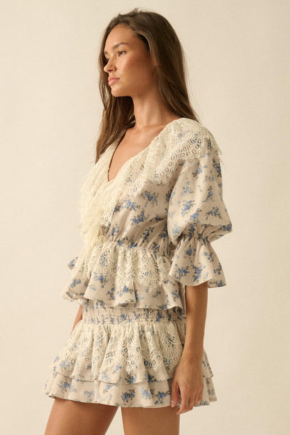 True Beauty Floral Puff-Sleeve Ruffle Peplum Top