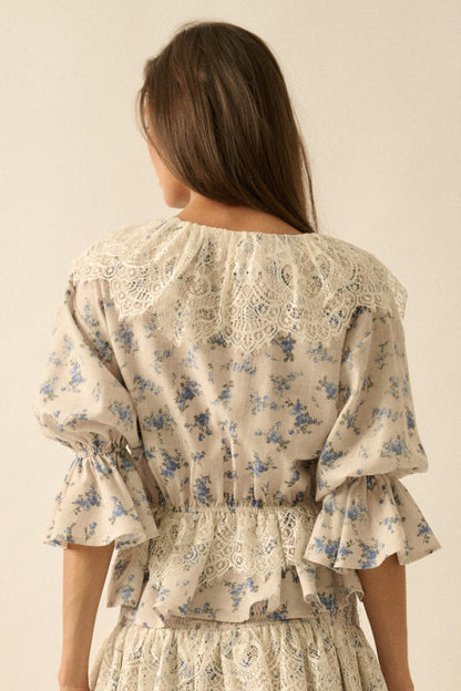 True Beauty Floral Puff-Sleeve Ruffle Peplum Top