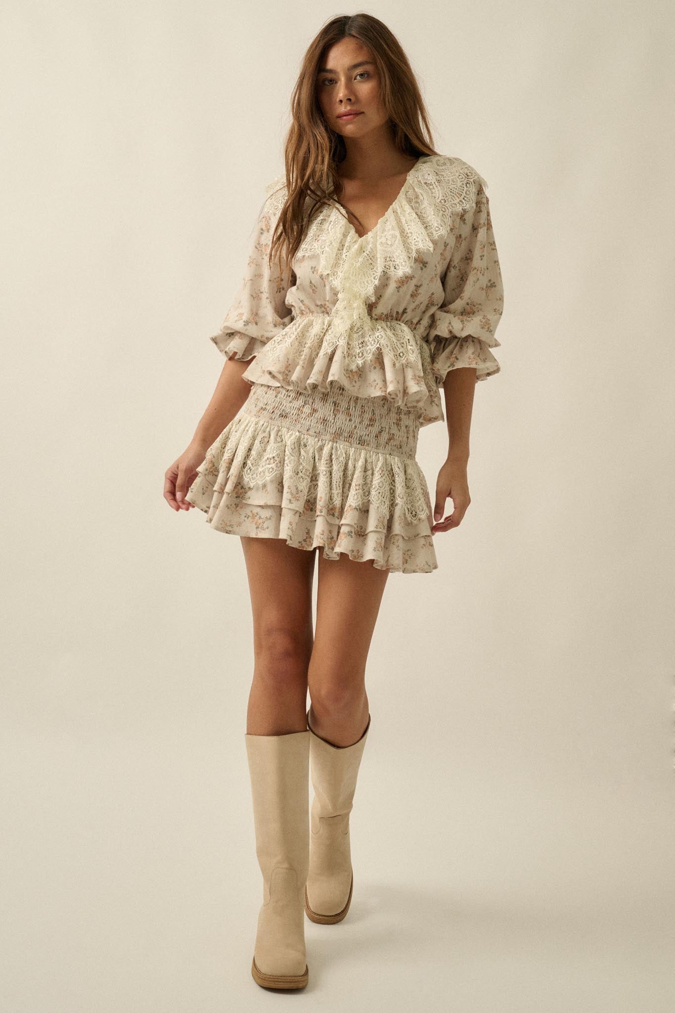 True Beauty Floral Puff-Sleeve Ruffle Peplum Top