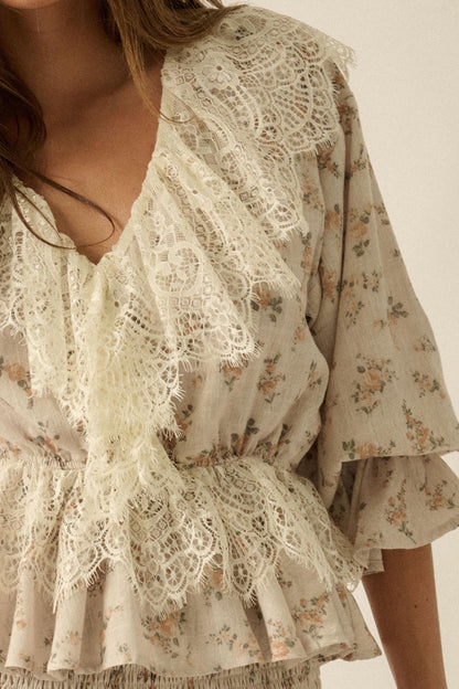 True Beauty Floral Puff-Sleeve Ruffle Peplum Top