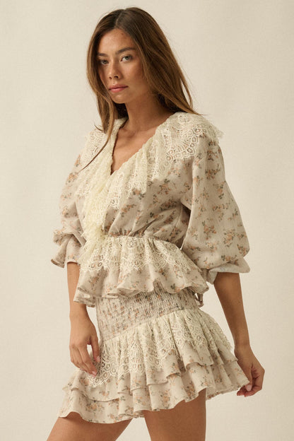 True Beauty Floral Puff-Sleeve Ruffle Peplum Top