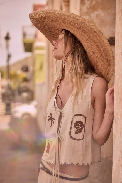 Sunny Sands Tropical-Embroidered Tie-Front Vest
