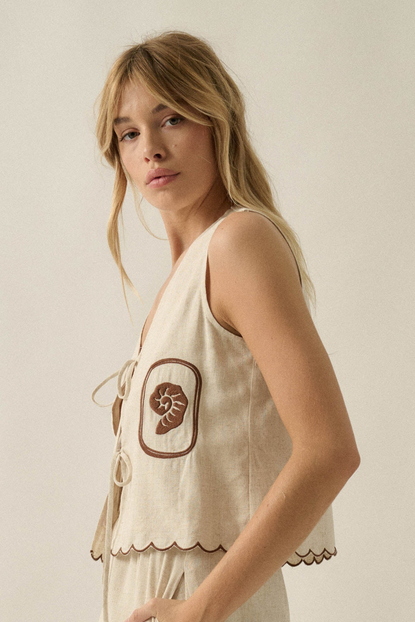 Sunny Sands Tropical-Embroidered Tie-Front Vest