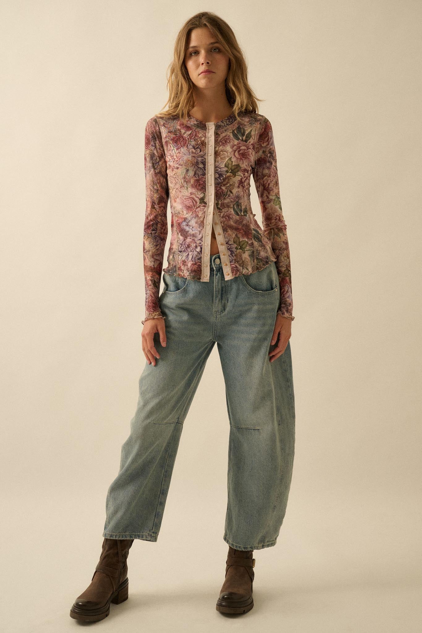 Valley Breeze Floral Mesh Snap-Front Top