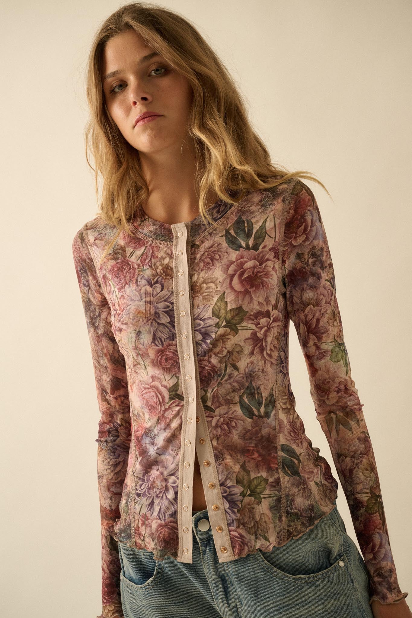 Valley Breeze Floral Mesh Snap-Front Top