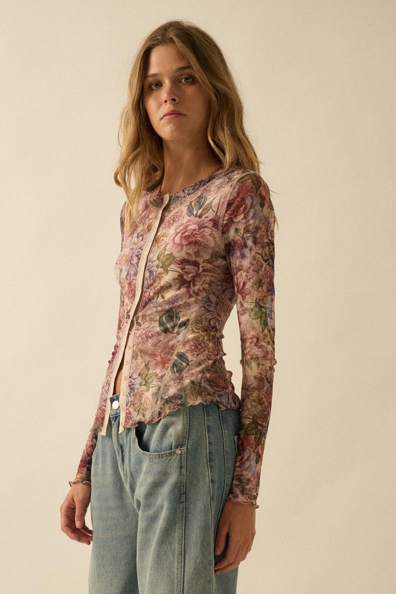 Valley Breeze Floral Mesh Snap-Front Top