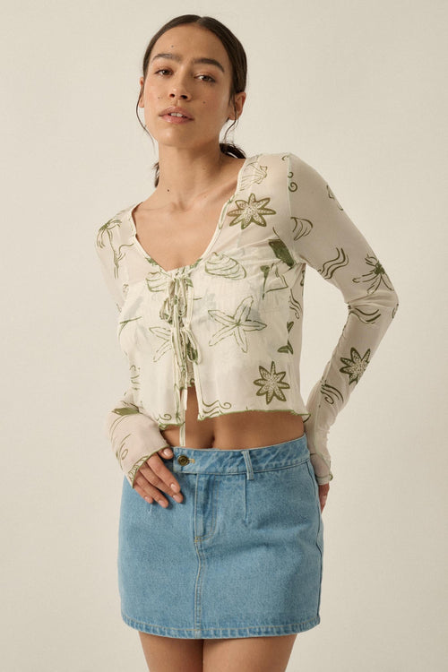 Wait and Sea Nautical Mesh Mock-Neck Thumbhole Top