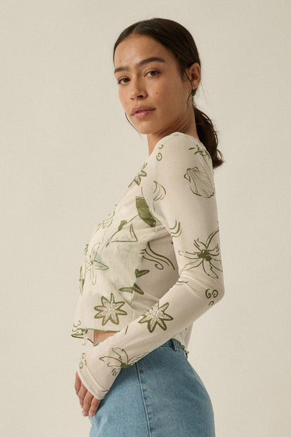 Wait and Sea Nautical Mesh Mock-Neck Thumbhole Top