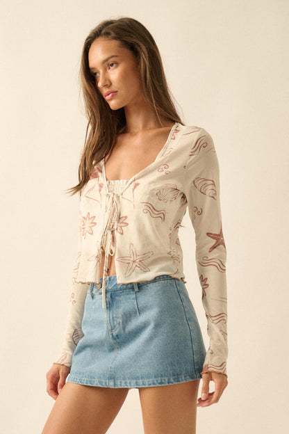 Wait and Sea Nautical Mesh Mock-Neck Thumbhole Top