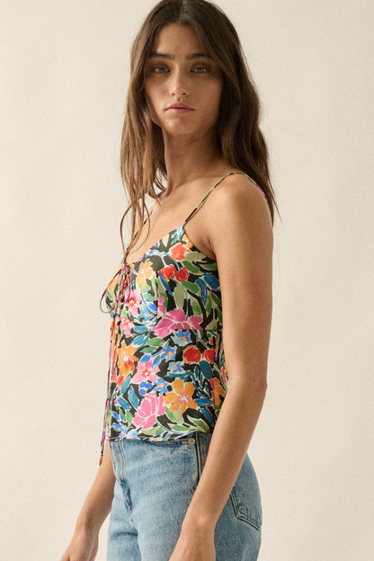 Vivid Blossoms Floral Satin Lace-Up Cami Top