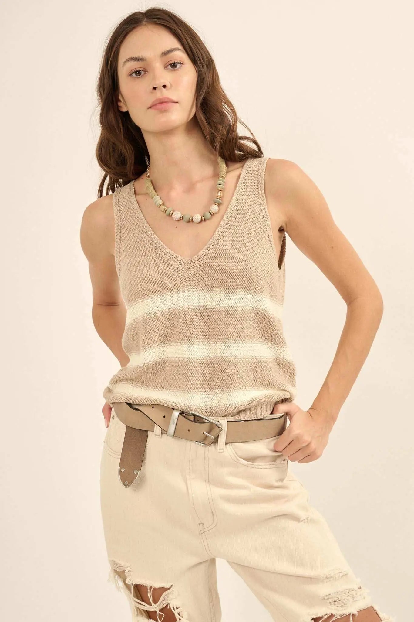 Time Flies Striped Textured Knit Sweater Tank Top