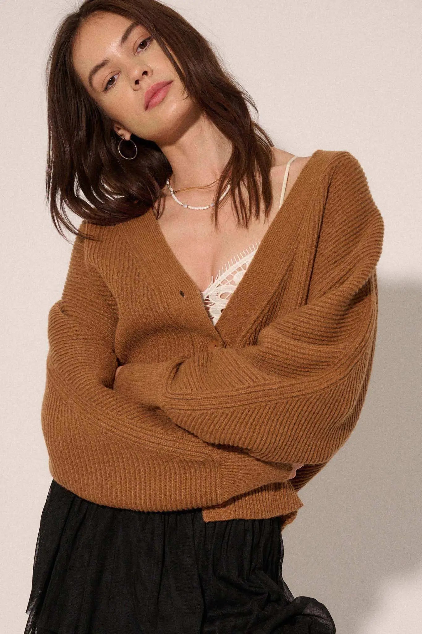 Stay Close Ribbed Knit Dolman Cardigan Sweater