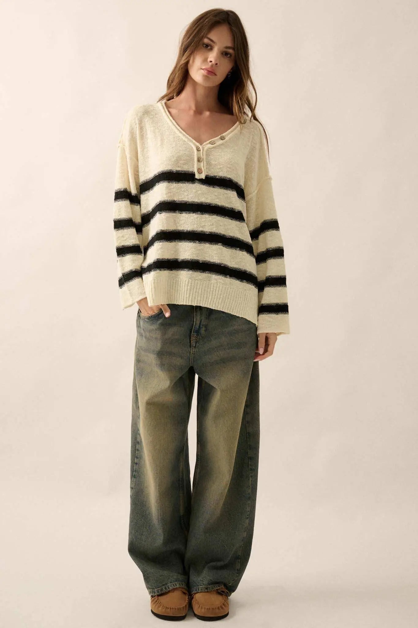 Winning Streak Loose-Fit Striped Henley Sweater