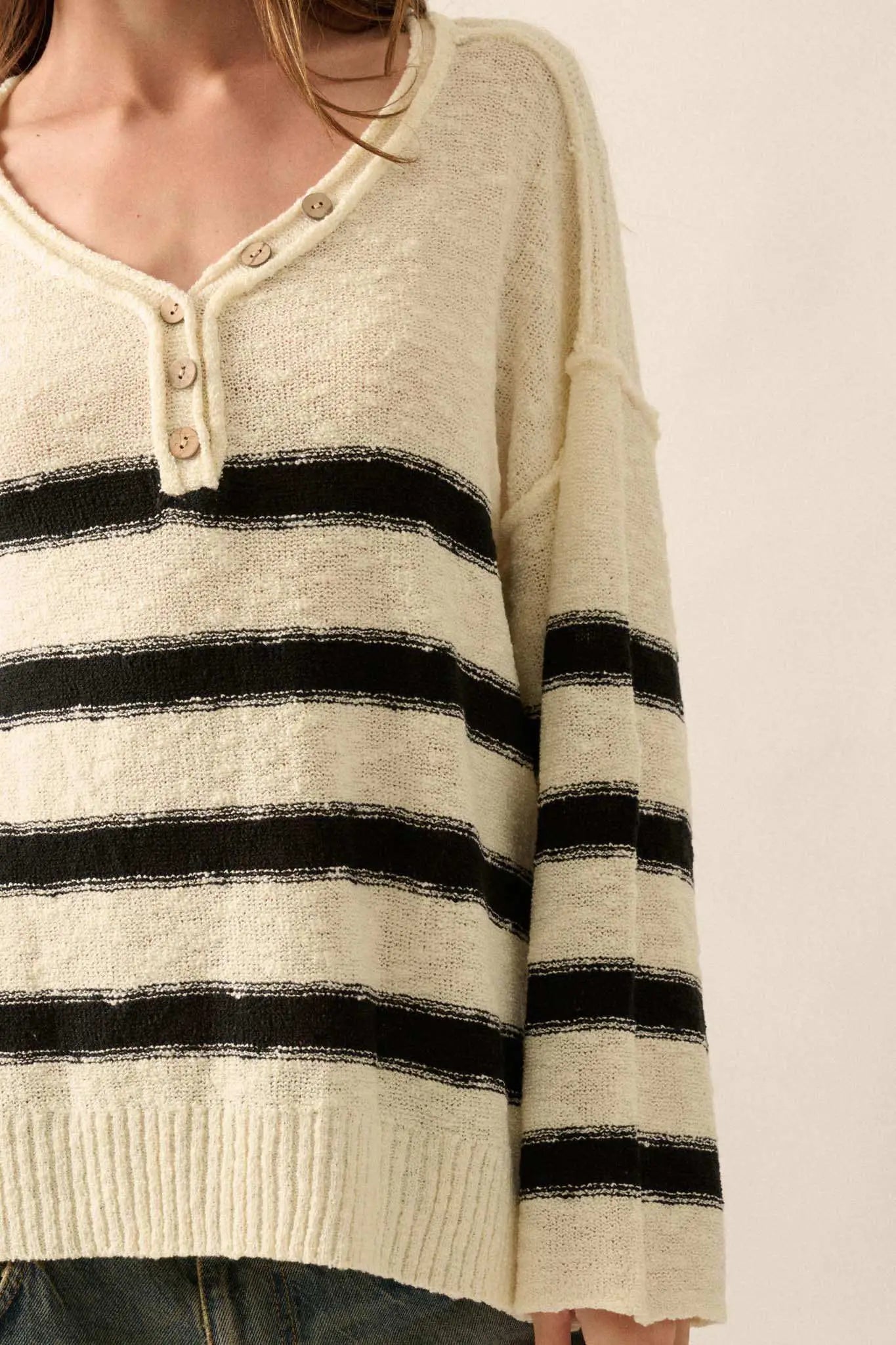 Winning Streak Loose-Fit Striped Henley Sweater