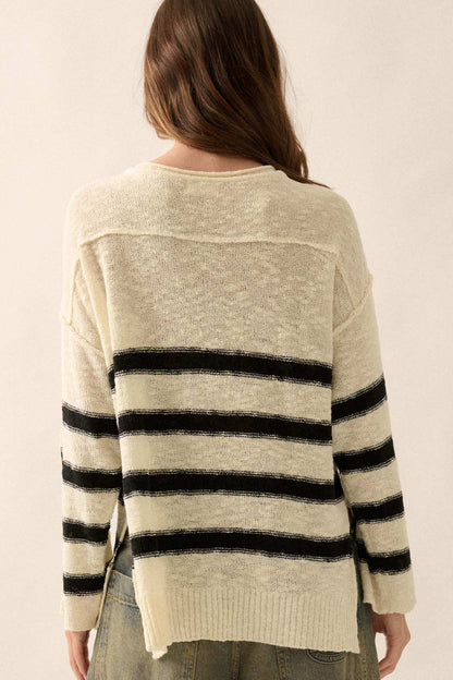 Winning Streak Loose-Fit Striped Henley Sweater