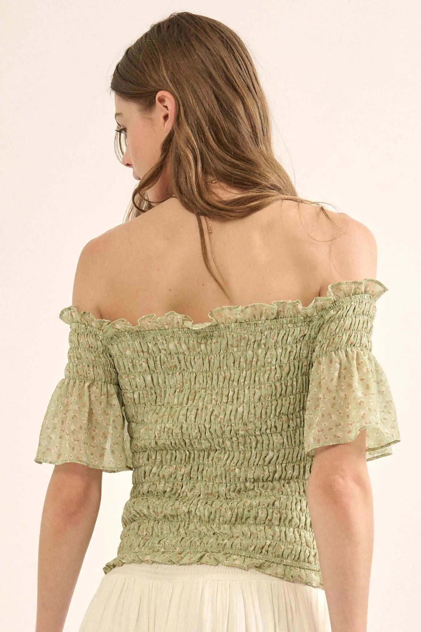 Sunlit Glade Smocked Floral Off-Shoulder Top