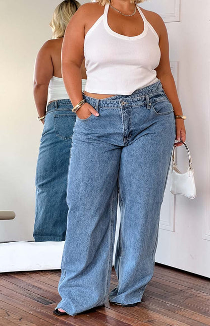 Kansis Blue Uneven Waist Jeans