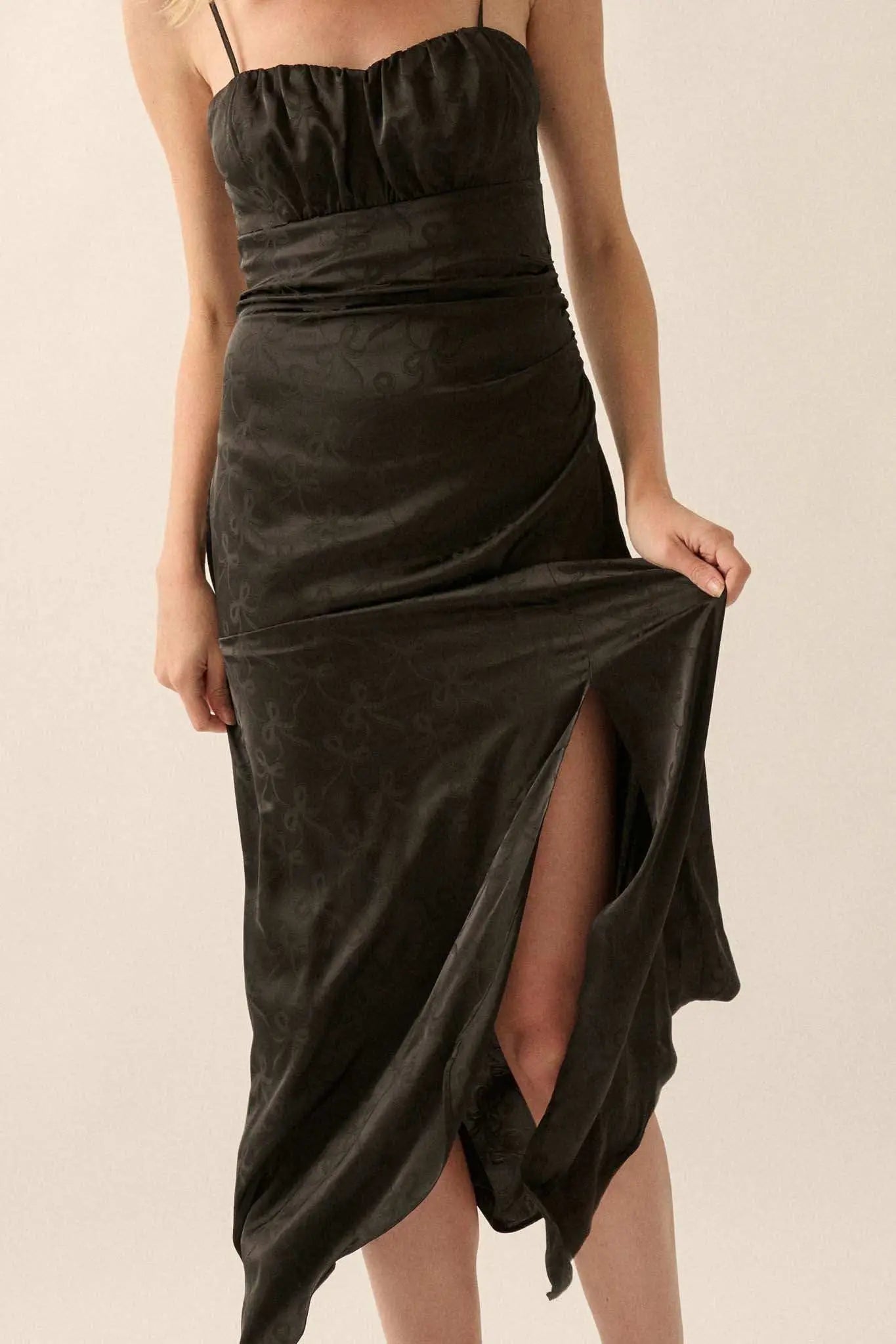 Take a Bow Satin Jacquard Asymmetrical Midi Dress