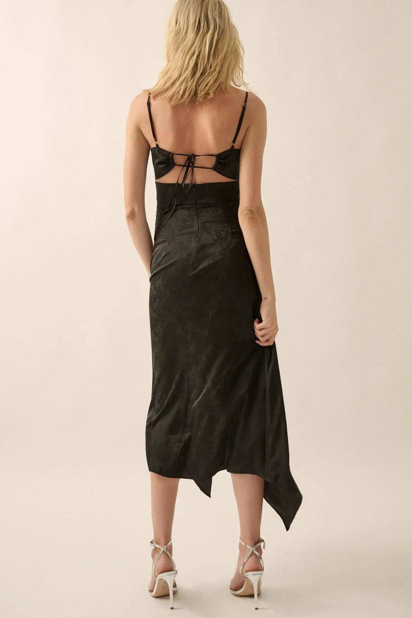 Take a Bow Satin Jacquard Asymmetrical Midi Dress