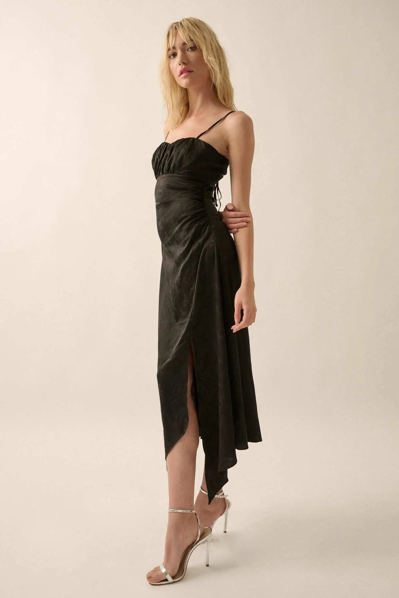 Take a Bow Satin Jacquard Asymmetrical Midi Dress