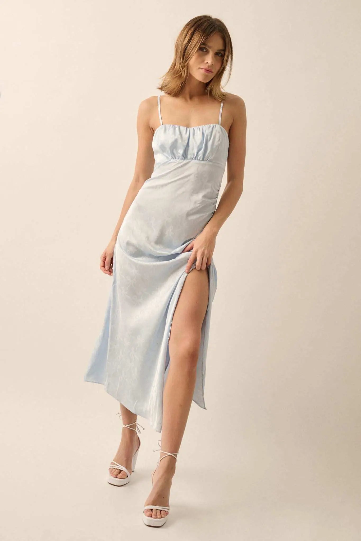 Take a Bow Satin Jacquard Asymmetrical Midi Dress