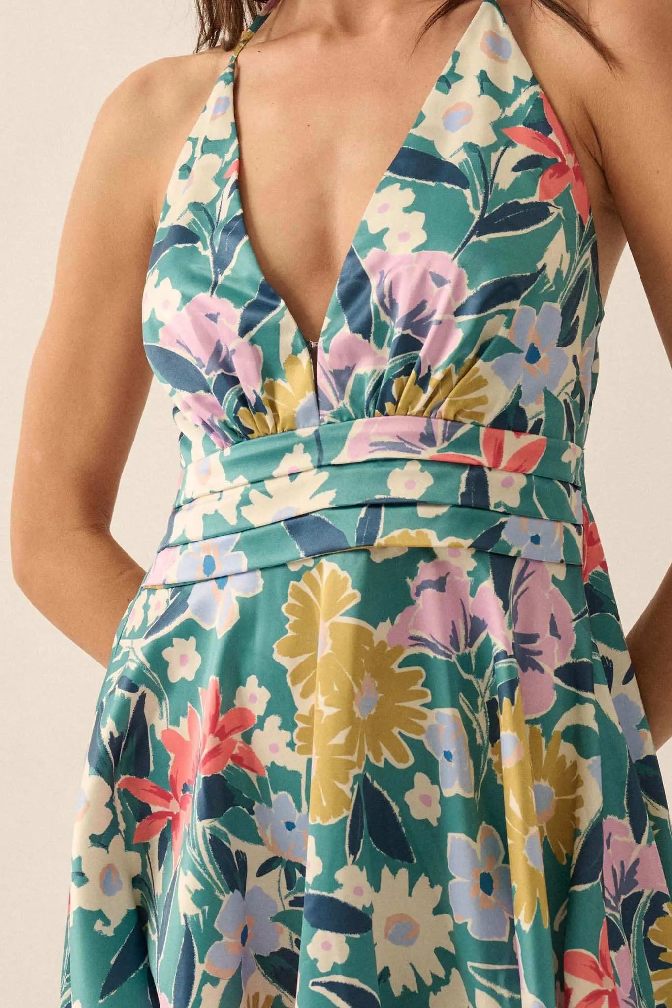 Teal Tease Floral Satin Handkerchief Mini Dress