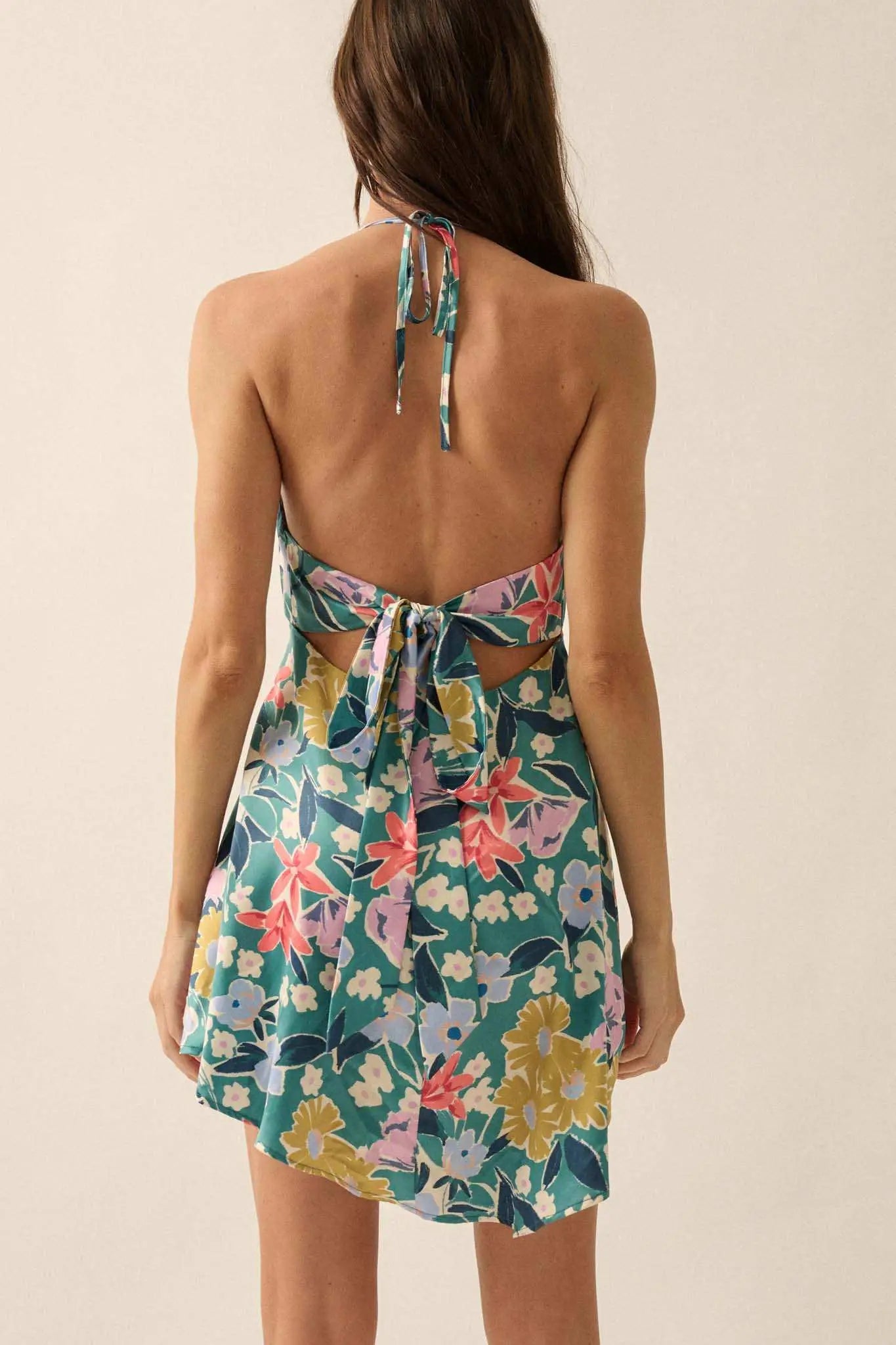 Teal Tease Floral Satin Handkerchief Mini Dress