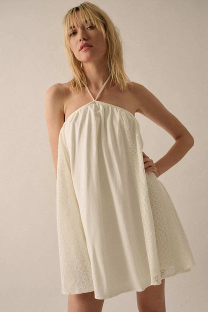 Starting Fresh Lace-Panel Mini Halter Swing Dress