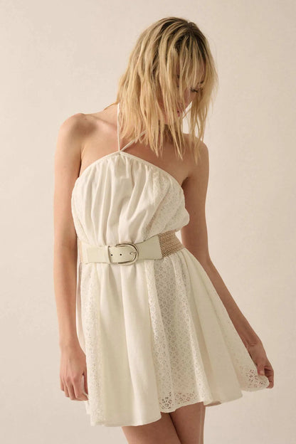 Starting Fresh Lace-Panel Mini Halter Swing Dress