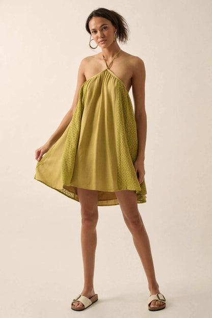 Starting Fresh Lace-Panel Mini Halter Swing Dress