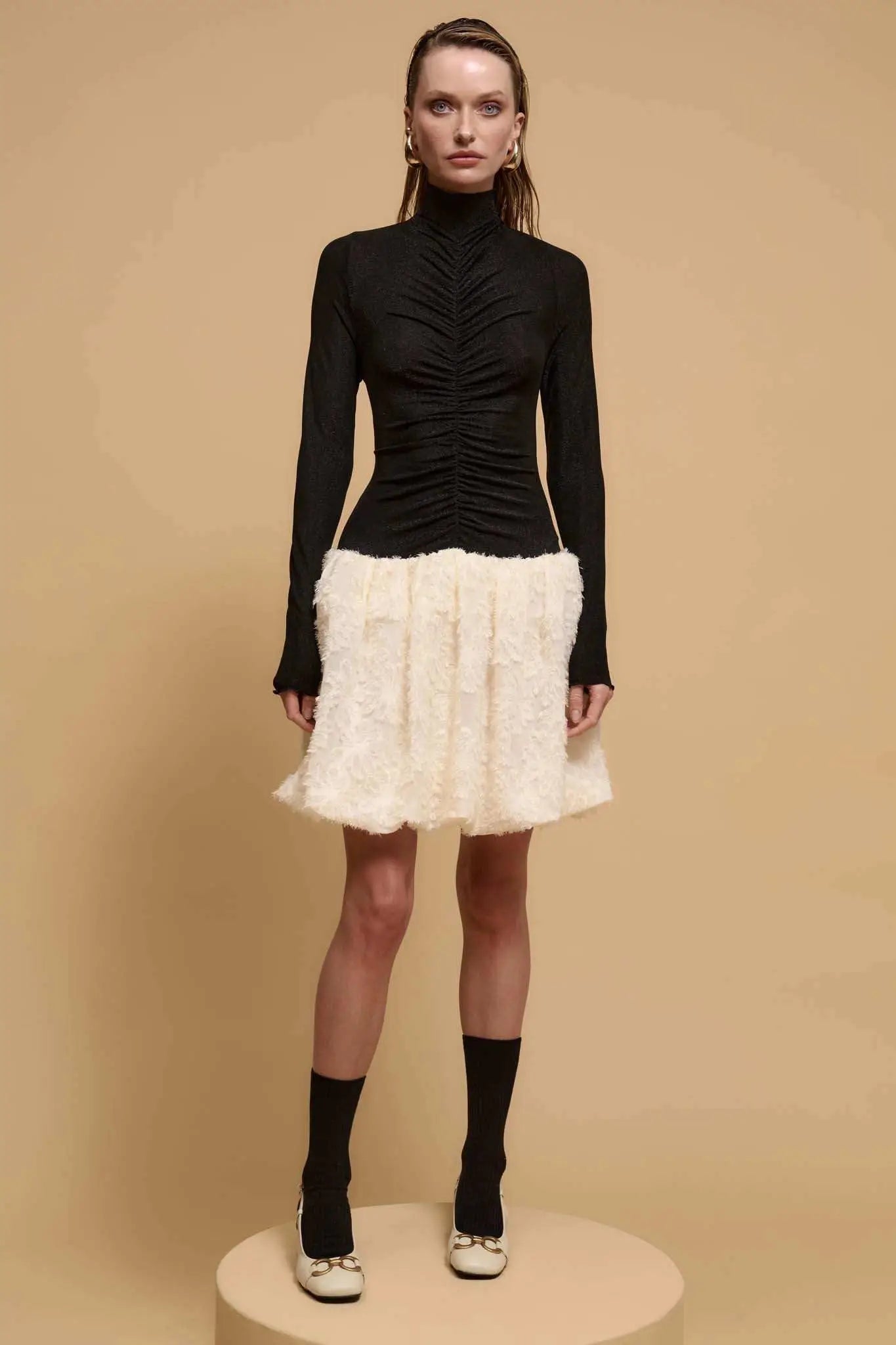 Winter Skies Ruched Mock-Neck Bubble Mini Dress