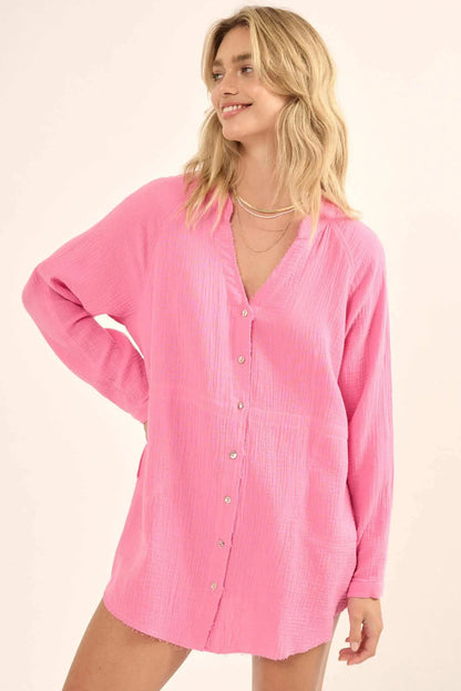 Sunday Vibes Crinkle Cotton Mini Shirt Dress