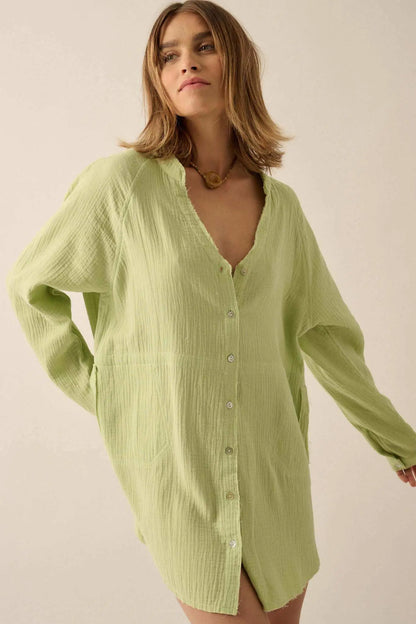 Sunday Vibes Crinkle Cotton Mini Shirt Dress