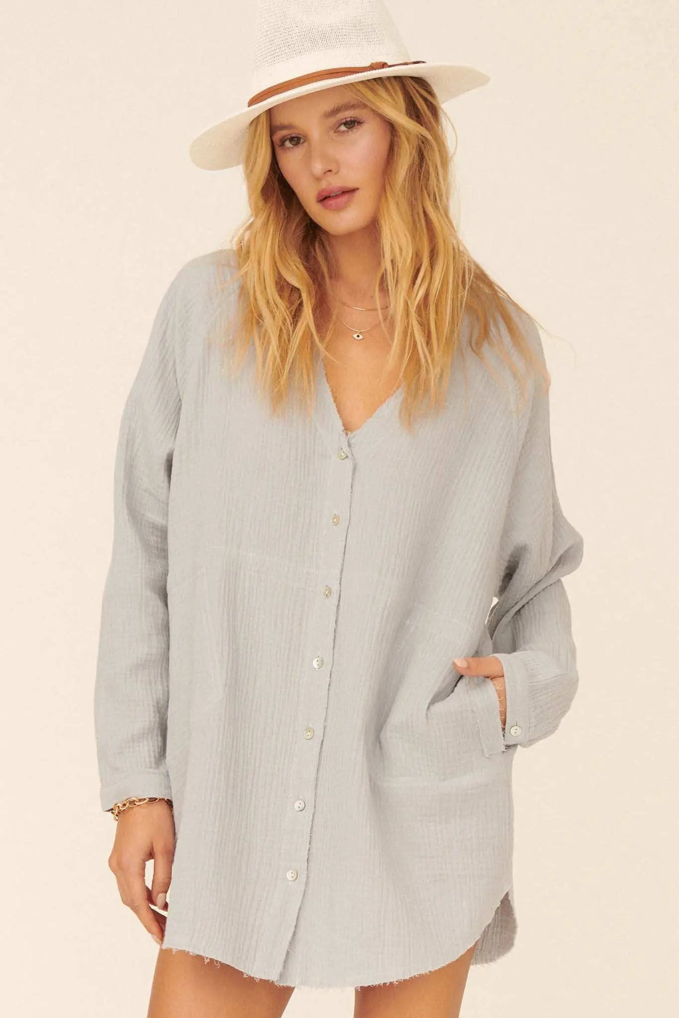 Sunday Vibes Crinkle Cotton Mini Shirt Dress